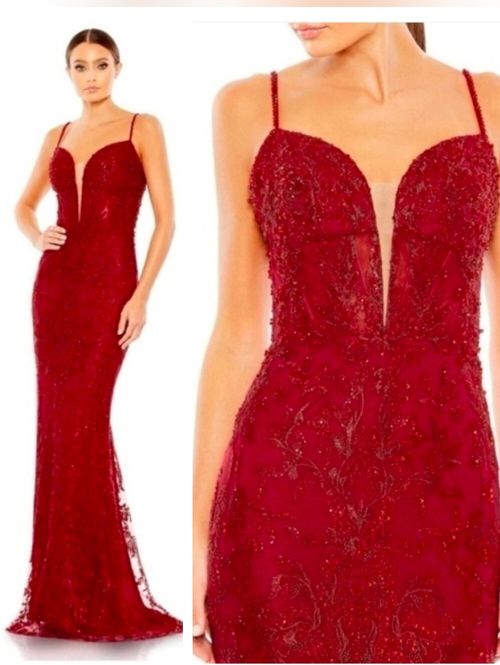 Mac Duggal 20330 Red Beaded Formal Dress Embroidered Evening Gown Maxi 12